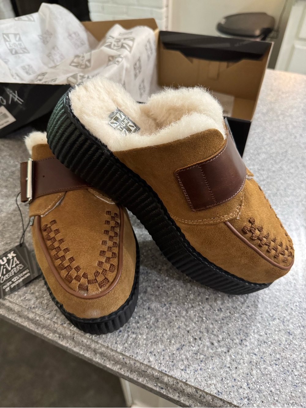 T.U.K Brown Suede Shearling-Lined Clog Mules